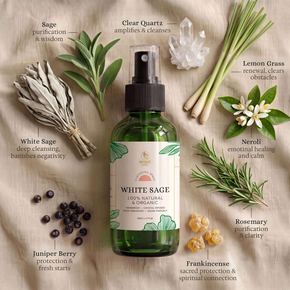 White sage smudge spray ingredients with healing properties: white sage, clear quartz, frankincense, neroli, rosemary, juniper berry and lemongrass
