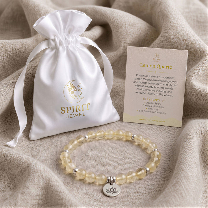 Lemon Quartz beaded crystal bracelet in a Spirit Jewel gift pouch with a crystal meaning card