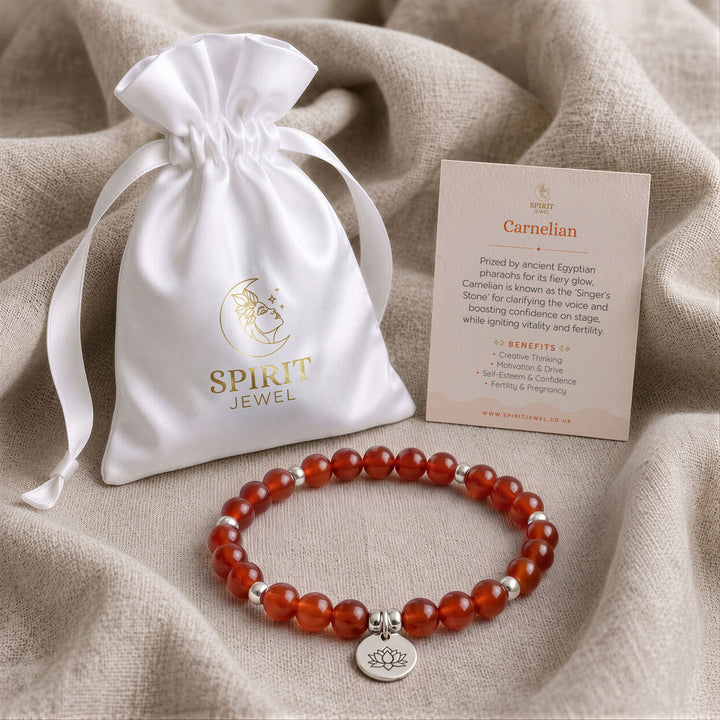 Carnelian beaded crystal bracelet in a Spirit Jewel gift pouch with a crystal meaning card