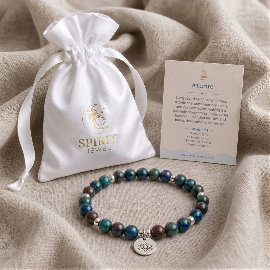Azurite beaded crystal bracelet in a Spirit Jewel gift pouch with a crystal meaning card