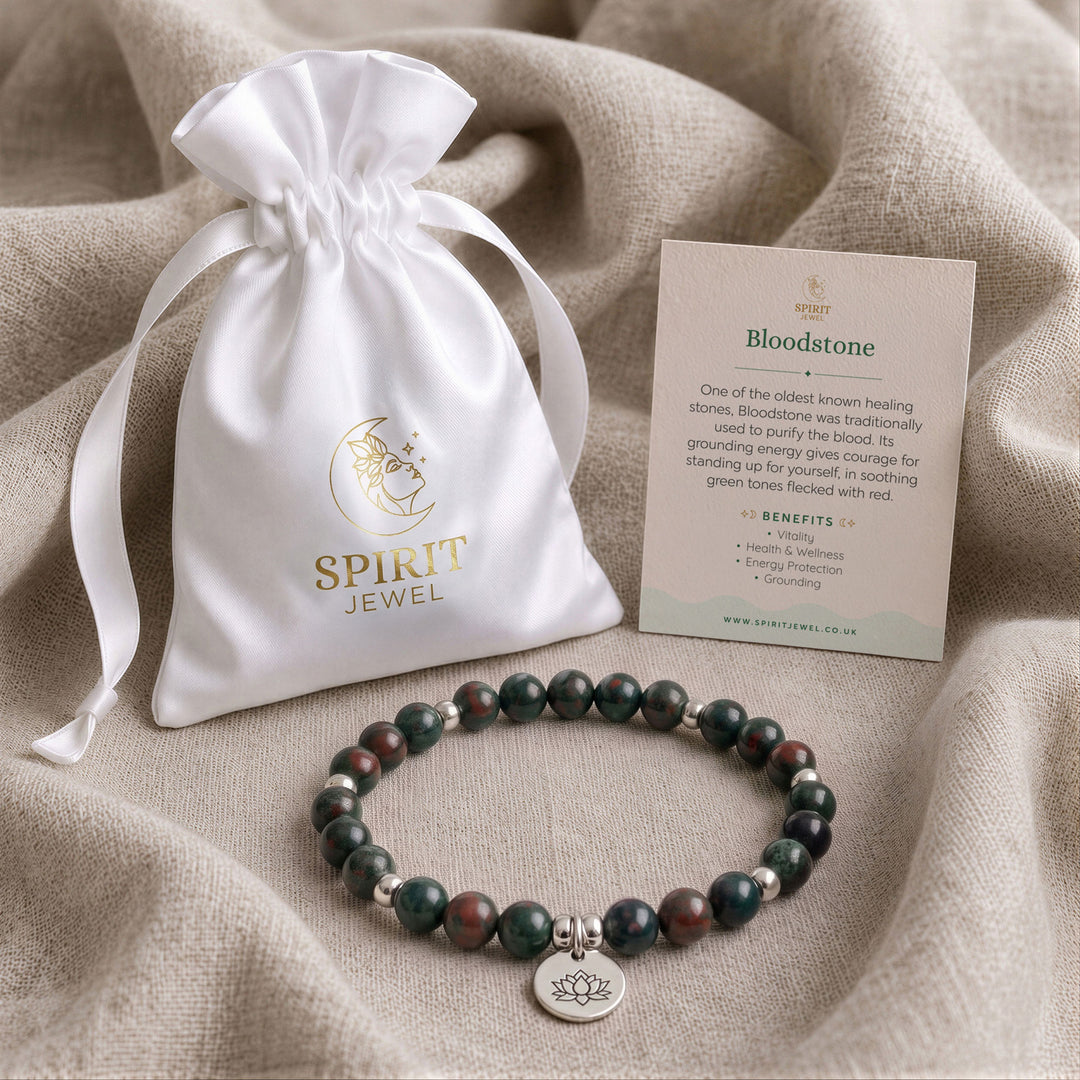 Bloodstone beaded crystal bracelet in a Spirit Jewel gift pouch with a crystal meaning card