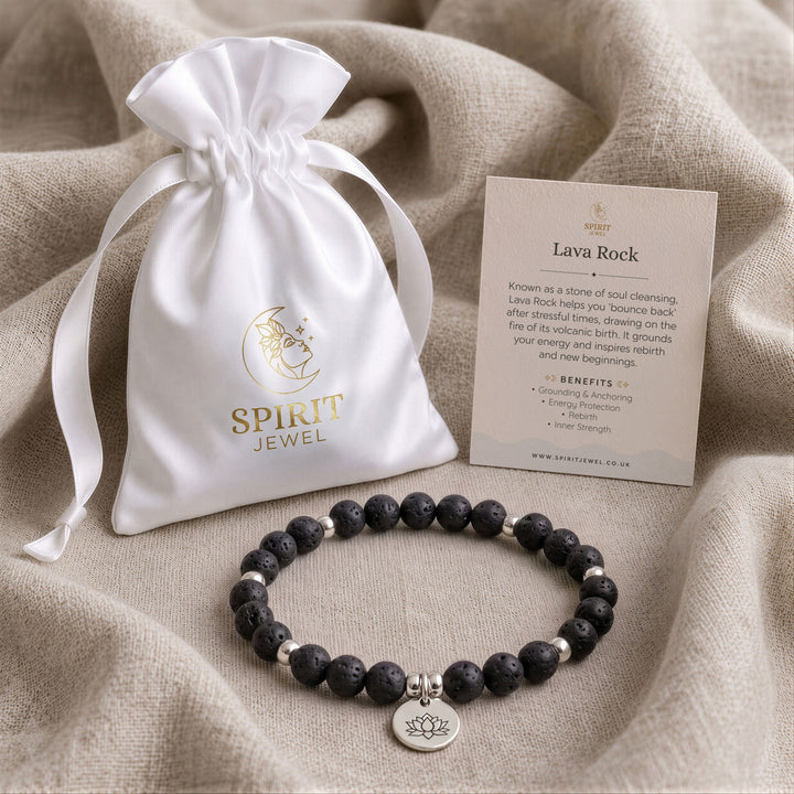 Lava Rock beaded crystal bracelet in a Spirit Jewel gift pouch with a crystal meaning card