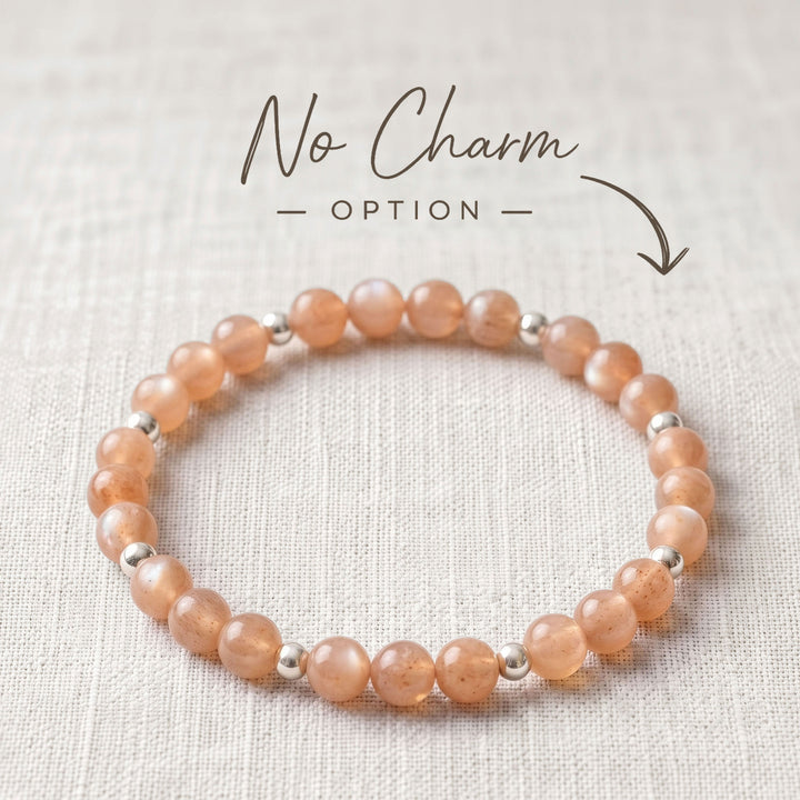 Peach Moonstone Crystal Beaded Bracelet, 925 Sterling Silver