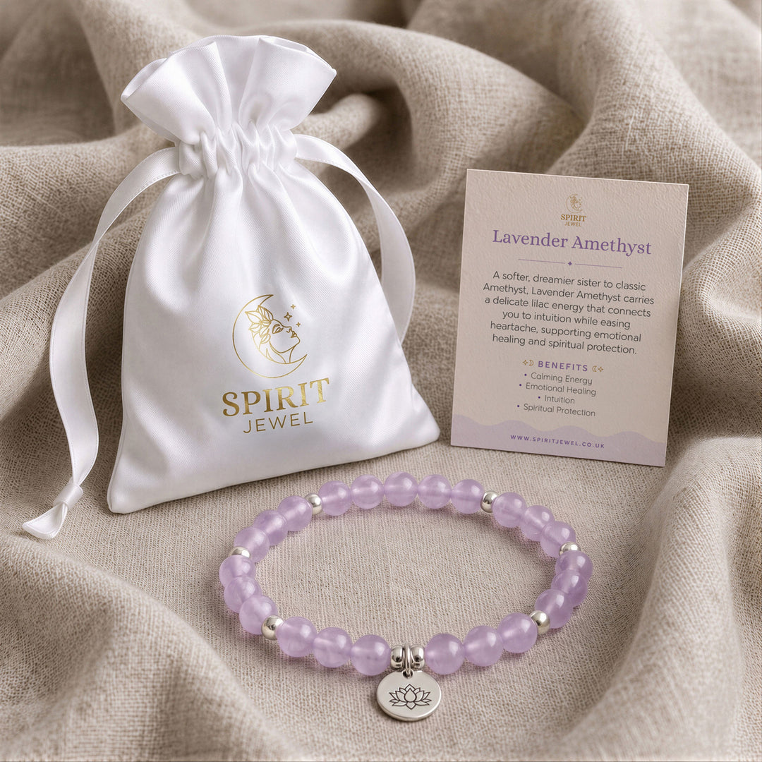 Lavender Amethyst beaded crystal bracelet in a Spirit Jewel gift pouch with a crystal meaning card