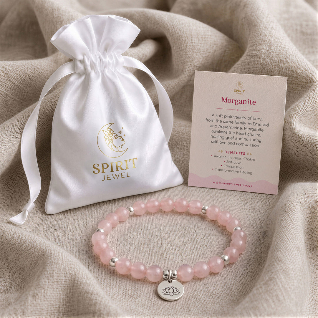 Morganite beaded crystal bracelet in a Spirit Jewel gift pouch with a crystal meaning card