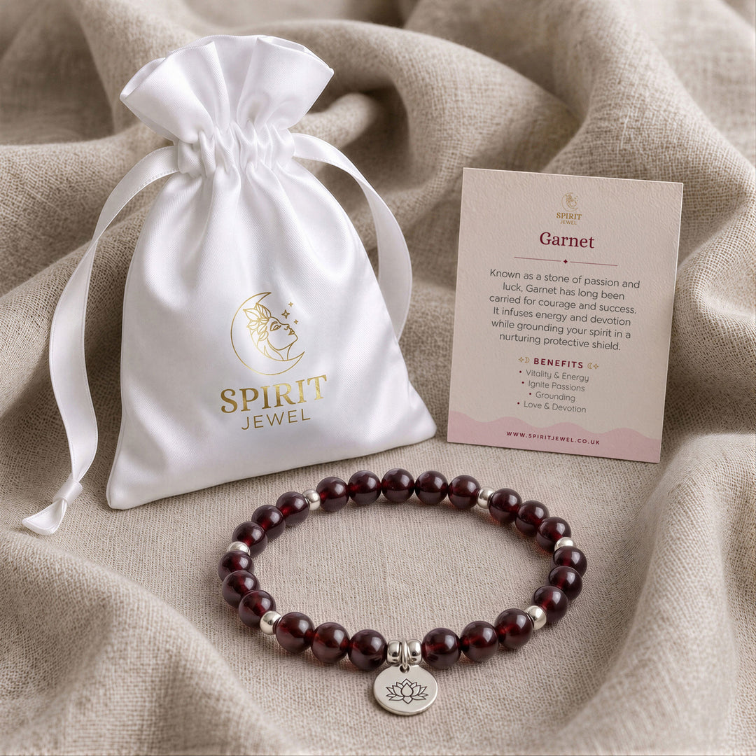 Garnet beaded crystal bracelet in a Spirit Jewel gift pouch with a crystal meaning card