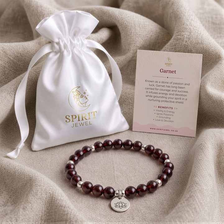 Garnet beaded crystal bracelet in a Spirit Jewel gift pouch with a crystal meaning card