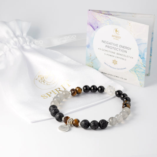 a bracelet with various colored beads, including black, gray, and brown, as well as a white bag with a gold logo and text.