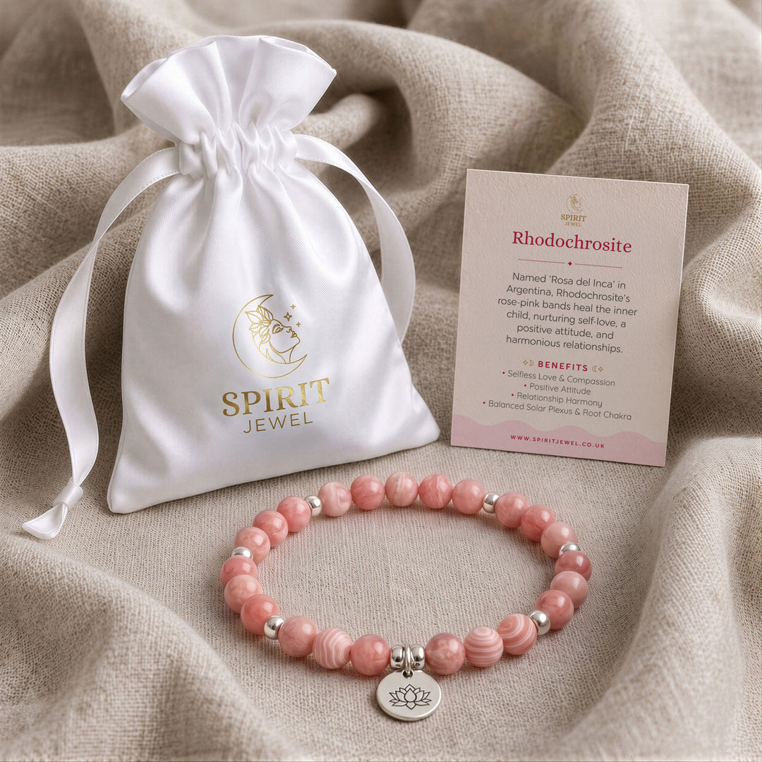 Rhodochrosite beaded crystal bracelet in a Spirit Jewel gift pouch with a crystal meaning card