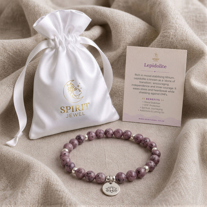 Lepidolite beaded crystal bracelet in a Spirit Jewel gift pouch with a crystal meaning card