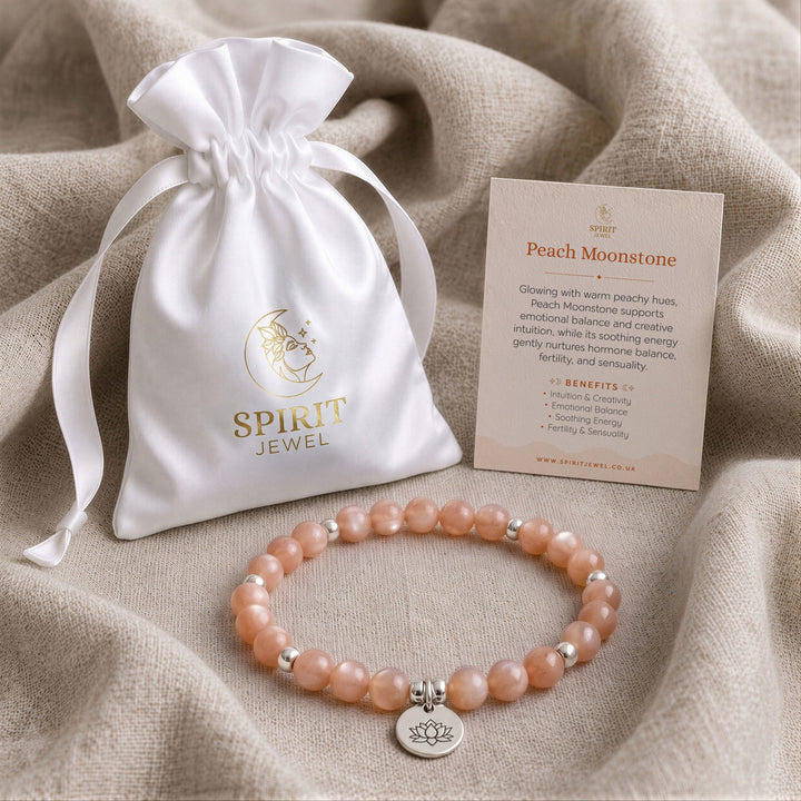 Peach Moonstone beaded crystal bracelet in a Spirit Jewel gift pouch with a crystal meaning card