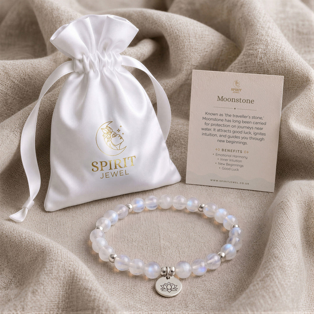 Moonstone beaded crystal bracelet in a Spirit Jewel gift pouch with a crystal meaning card